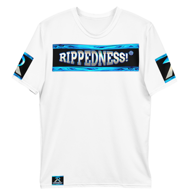 RIPPEDNESS! MENS' - WHITE PREMIUM BRANDED (( FOUR-WAY STRETCH FABRIC )) JERSEY STYLE SHORT SLEEVE T-SHIRT WITH METALLIC BLUE/GRAY TEXT LOGOS