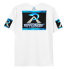 RIPPEDNESS! MENS' - WHITE PREMIUM BRANDED (( FOUR-WAY STRETCH FABRIC )) JERSEY STYLE SHORT SLEEVE T-SHIRT WITH METALLIC BLUE/GRAY TEXT LOGOS