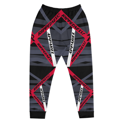 RIPPEDNESS! BLACK/RED/WHITE MEN'S JOGGERS WITH ABSTRACT PATTEREN DESIGN.