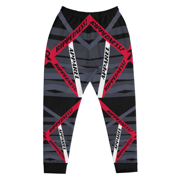 RIPPEDNESS! BLACK/RED/WHITE MEN'S JOGGERS WITH ABSTRACT PATTEREN DESIGN.