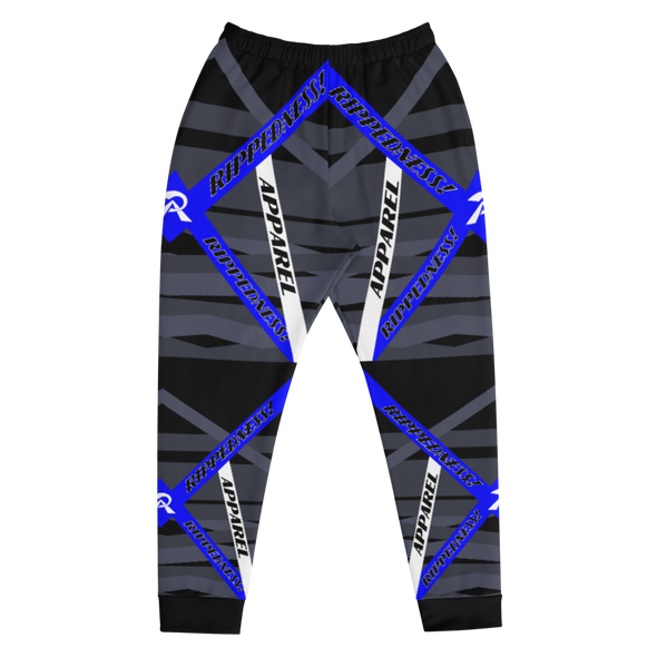 RIPPEDNESS! BLACK/BLUE/WHITE MEN'S JOGGERS WITH ABSTRACT PATTEREN DESIGN.