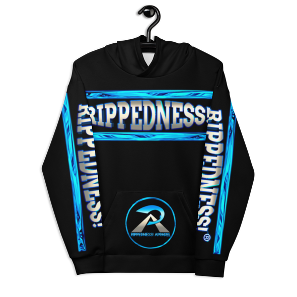 RIPPEDNESS! BLACK - PREMIUM BRANDED HOODIE WITH BLUE CHROME/GRAY DESIGN TEXT LOGOS IN VIBRANT PRINT COLORS