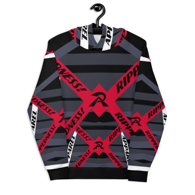 RIPPEDNESS! BLACK/RED/WHITE - PREMIUM BRANDED HOODIE WITH ABSTRACT VIBRANT PRINT STYLE DESIGN PATTERNS.