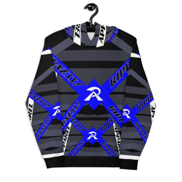 RIPPEDNESS! BLACK/BLUE/WHITE - PREMIUM BRANDED HOODIE WITH ABSTRACT VIBRANT PRINT STYLE DESIGN PATTERNS.