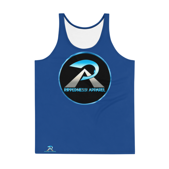 RIPPEDNESS! MENS' - BLUE PREMIUM BRANDED (( FOUR-WAY STRETCH FABRIC )) TANK TOP WITH METALLIC BLUE/GRAY TEXT LOGO