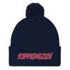 RIPPEDNESS! Embroidered Pom Pom Knit Cap with (Red and Teal) Text Logo.