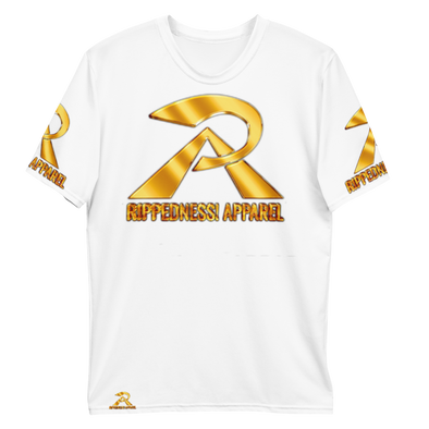 RIPPEDNESS! MENS' - WHITE PREMIUM BRANDED (( FOUR-WAY STRETCH FABRIC )) JERSEY STYLE SHORT SLEEVE T-SHIRT WITH BLACK/GOLD TEXT LOGOS