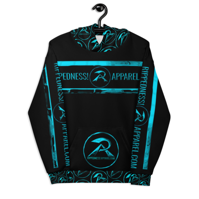 RIPPEDNESS! PREMIUM BRANDED HOODIE WITH TEAL CHROME LOOKING DESIGN TEXT LOGOS IN VIBRANT PRINT COLORS