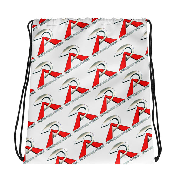 RIPPEDNESS! (white) All-over print design drawstring bag with our trademark (Red and Gray Logos)