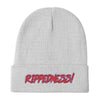 RIPPEDNESS! Embroidered Knit Beanie with (Red and Teal) Text Logo.