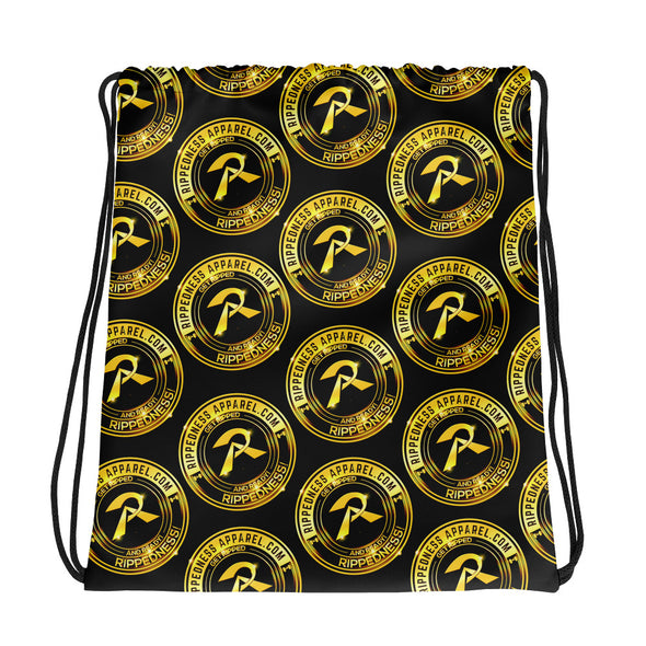 RIPPEDNESS! (Black) All-over print design Drawstring Bag with our Trademarked (Golden Badge logos)
