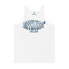 RIPPEDNESS! MENS' - WHITE PREMIUM BRANDED (( FOUR-WAY STRETCH FABRIC )) TANK TOP WITH METALLIC BLUE/GRAY TEXT LOGO