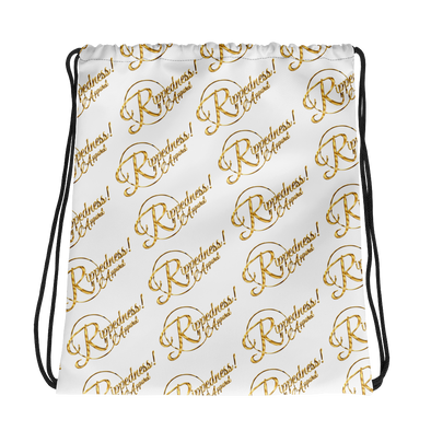 RIPPEDNESS! (White) All-over print design Drawstring Bag with our (Golden text) logos.