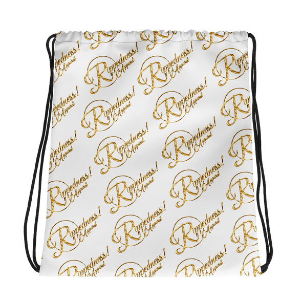 RIPPEDNESS! (White) All-over print design Drawstring Bag with our (Golden text) logos.