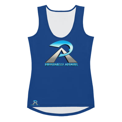 RIPPEDNESS! LADIES' - BLUE PREMIUM BRANDED (( FOUR-WAY STRETCH FABRIC )) TANK TOP WITH METALLIC BLUE/GRAY TEXT LOGOS