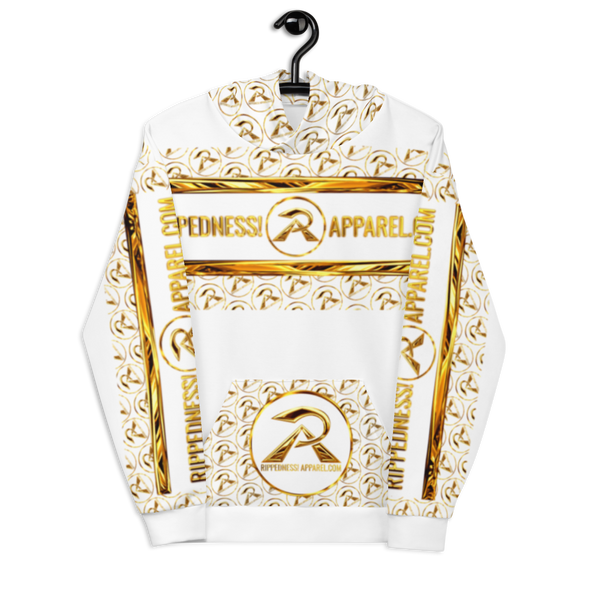 RIPPEDNESS! WHITE - PREMIUM BRANDED HOODIE WITH METALLIC GOLD LOOKING VIBRANT PRINT STYLE DESIGN TEXT LOGOS
