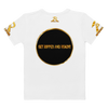 RIPPEDNESS! LADIES - WHITE PREMIUM BRANDED (( FOUR-WAY STRETCH FABRIC )) SHORT SLEEVE T-SHIRT WITH METALLIC BLACK/GOLD TEXT LOGOS