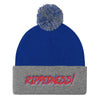 RIPPEDNESS! Embroidered Pom Pom Knit Cap with (Red and Teal) Text Logo.
