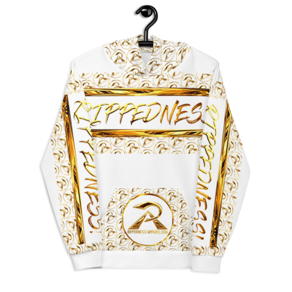 RIPPEDNESS! WHITE - PREMIUM BRANDED HOODIE WITH METALLIC GOLD LOOKING VIBRANT PRINT STYLE DESIGN TEXT LOGOS