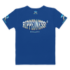 RIPPEDNESS! LADIES - BLUE PREMIUM BRANDED (( FOUR-WAY STRETCH FABRIC )) SHORT SLEEVE T-SHIRT WITH METALLIC BLUE/GRAY TEXT LOGOS