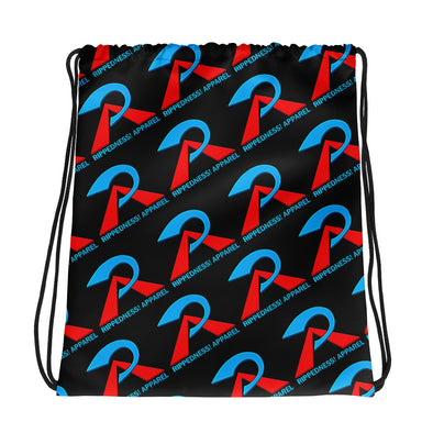 RIPPEDNESS! (Black) All-over print design Drawstring bag with our trademark (Cyan Blue & Red logos)