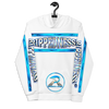 RIPPEDNESS! WHITE - PREMIUM BRANDED HOODIE WITH BLUE CHROME/GRAY DESIGN TEXT LOGOS IN VIBRANT PRINT COLORS