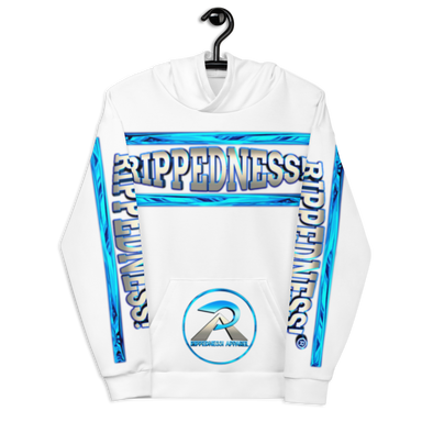 RIPPEDNESS! WHITE - PREMIUM BRANDED HOODIE WITH BLUE CHROME/GRAY DESIGN TEXT LOGOS IN VIBRANT PRINT COLORS