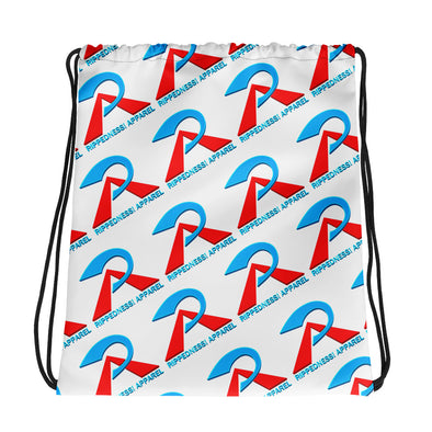 RIPPEDNESS! (White All-over print design Drawstring bag with our trademark (Cyan Blue & Red logos)