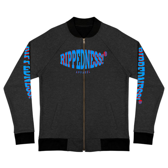 RIPPEDNESS! Next Level Bomber Jacket with (Cyan Blue and Red) Text Logos.