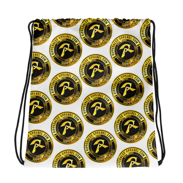 RIPPEDNESS! (White) All-over print design Drawstring Bag with our Trademarked (Golden Badge logos)