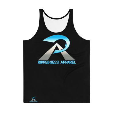 RIPPEDNESS! MENS' - BLACK PREMIUM BRANDED (( FOUR-WAY STRETCH FABRIC )) TANK TOP WITH METALLIC BLUE/GRAY TEXT LOGO