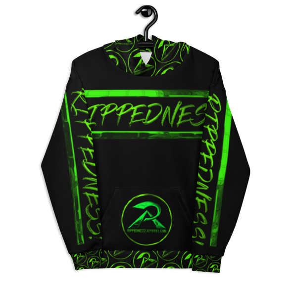 RIPPEDNESS! PREMIUM BRANDED HOODIE WITH CHROME LOOKING DESIGN TEXT LOGOS/ AND NEO GREEN VIBRANT PRINT COLORS