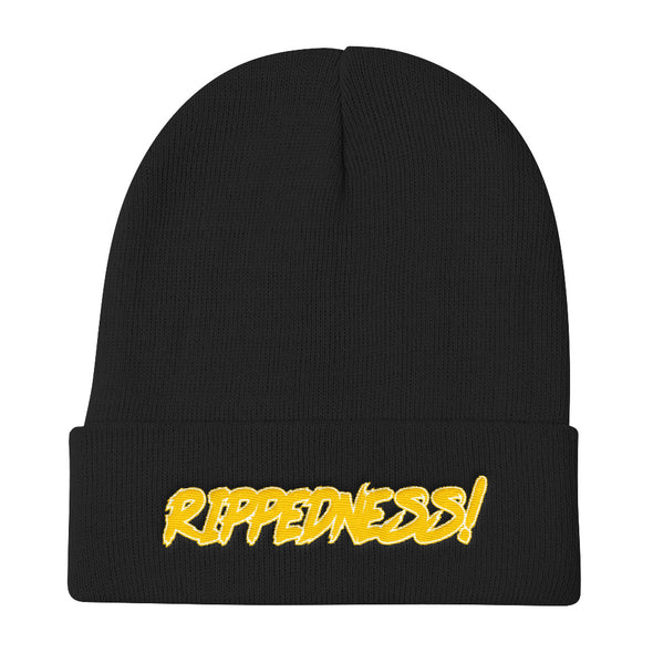 RIPPEDNESS! Embroidered Knit Beanie with (Gold and White) Text Logo.