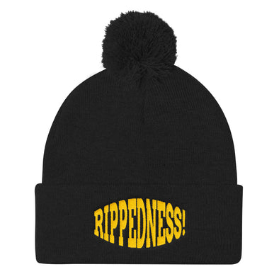RIPPEDNESS! Embroidered Pom Pom Knit Cap with (Gold and White) Text Logo.