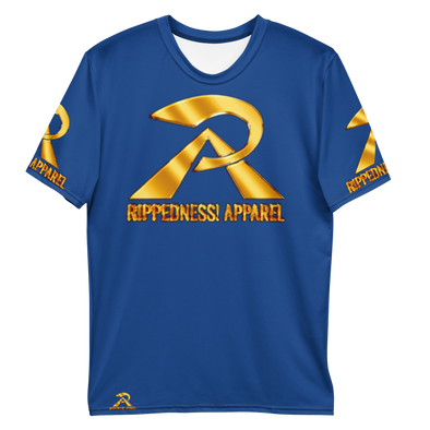 RIPPEDNESS! MENS' - BLUE PREMIUM BRANDED (( FOUR-WAY STRETCH FABRIC )) JERSEY STYLE SHORT SLEEVE T-SHIRT WITH BLACK/GOLD TEXT LOGOS