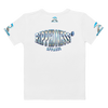 RIPPEDNESS! LADIES - WHITE PREMIUM BRANDED (( FOUR-WAY STRETCH FABRIC )) SHORT SLEEVE T-SHIRT WITH METALLIC BLUE/GRAY TEXT LOGOS