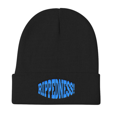 RIPPEDNESS! Embroidered Knit Beanie with (Teal) Text Logo.
