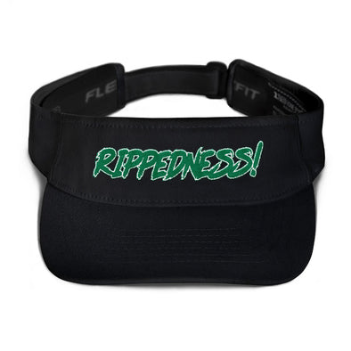 RIPPEDNESS! Flexfit Embroidered Sun Visor with (Green and White) Text Logo.