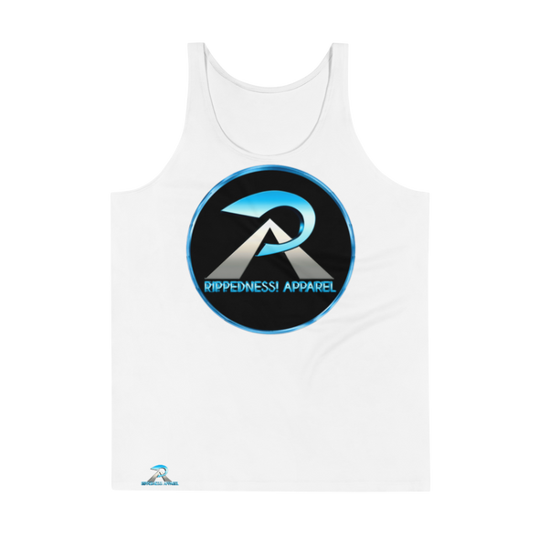 RIPPEDNESS! MENS' - WHITE PREMIUM BRANDED (( FOUR-WAY STRETCH FABRIC )) TANK TOP WITH METALLIC BLUE/GRAY TEXT LOGO