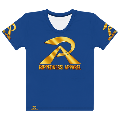 RIPPEDNESS! LADIES - BLUE PREMIUM BRANDED (( FOUR-WAY STRETCH FABRIC )) JERSEY STYLE SHORT SLEEVE T-SHIRT WITH BLACK/GOLD TEXT LOGOS