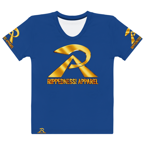 RIPPEDNESS! LADIES - BLUE PREMIUM BRANDED (( FOUR-WAY STRETCH FABRIC )) JERSEY STYLE SHORT SLEEVE T-SHIRT WITH BLACK/GOLD TEXT LOGOS