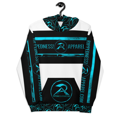 RIPPEDNESS! PREMIUM BRANDED HOODIE WITH TEAL CHROME LOOKING DESIGN TEXT LOGOS IN VIBRANT PRINT COLORS