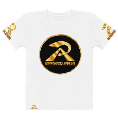 RIPPEDNESS! LADIES - WHITE PREMIUM BRANDED (( FOUR-WAY STRETCH FABRIC )) SHORT SLEEVE T-SHIRT WITH METALLIC BLACK/GOLD TEXT LOGOS