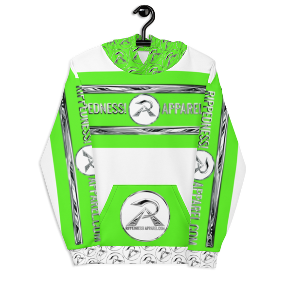 RIPPEDNESS! WHITE/NEON GREEN - PREMIUM BRANDED HOODIE WITH CHROME LOOKING DESIGN TEXT LOGOS/ AND NEO GREEN VIBRANT PRINT COLORS