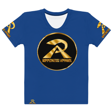 RIPPEDNESS! LADIES - BLUE PREMIUM BRANDED (( FOUR-WAY STRETCH FABRIC )) SHORT SLEEVE T-SHIRT WITH METALLIC BLACK/GOLD TEXT LOGOS