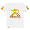 RIPPEDNESS! LADIES - WHITE PREMIUM BRANDED (( FOUR-WAY STRETCH FABRIC )) JERSEY STYLE SHORT SLEEVE T-SHIRT WITH BLACK/GOLD TEXT LOGOS