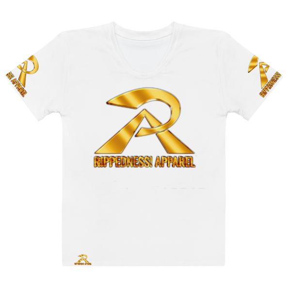 RIPPEDNESS! LADIES - WHITE PREMIUM BRANDED (( FOUR-WAY STRETCH FABRIC )) JERSEY STYLE SHORT SLEEVE T-SHIRT WITH BLACK/GOLD TEXT LOGOS