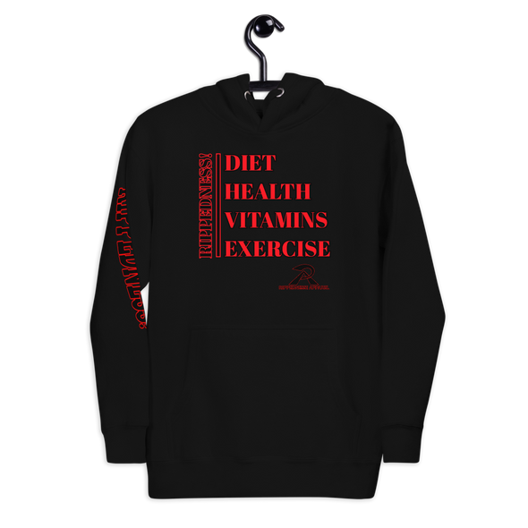 RIPPEDNESS! PREMIUM BRANDED HOODIE WITH BLACK/RED MOTIVATIONAL TEXT LOGO (( DIET,HEALTH,VITAMINS,EXCERISE ))