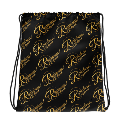 RIPPEDNESS! (Black) All-over print design Drawstring Bag with our (Golden text) logos.