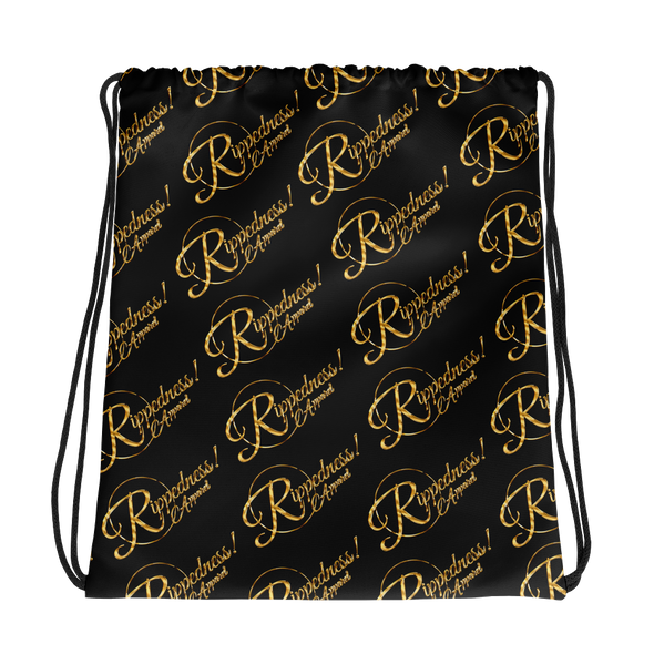 RIPPEDNESS! (Black) All-over print design Drawstring Bag with our (Golden text) logos.